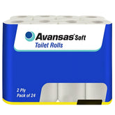 A 24-roll pack of Avansas Toilet Tissues with 2-ply sheets comes in blue and white packaging displaying branding and product details on the front.